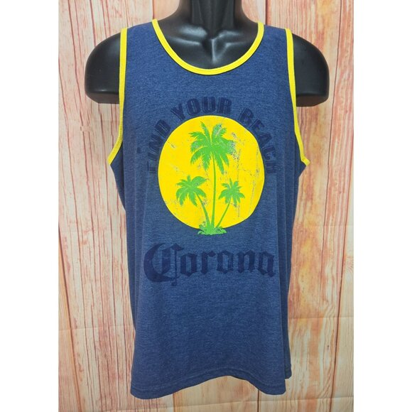 Corona Mens Graphic Tank Top Large Find Your Beach Design Navy Yellow Trim - Picture 1 of 6